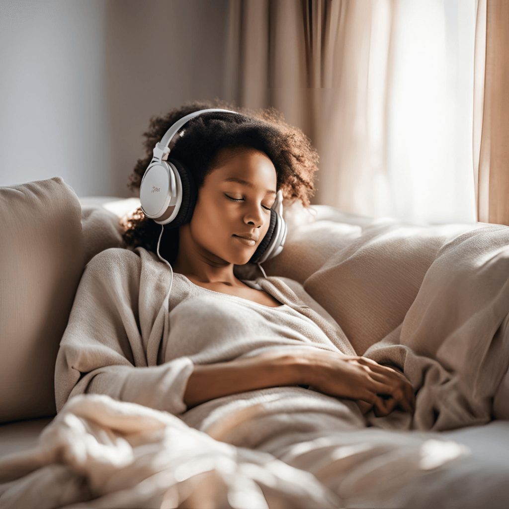 a mother listens to music while relaxing in the name of motherhood